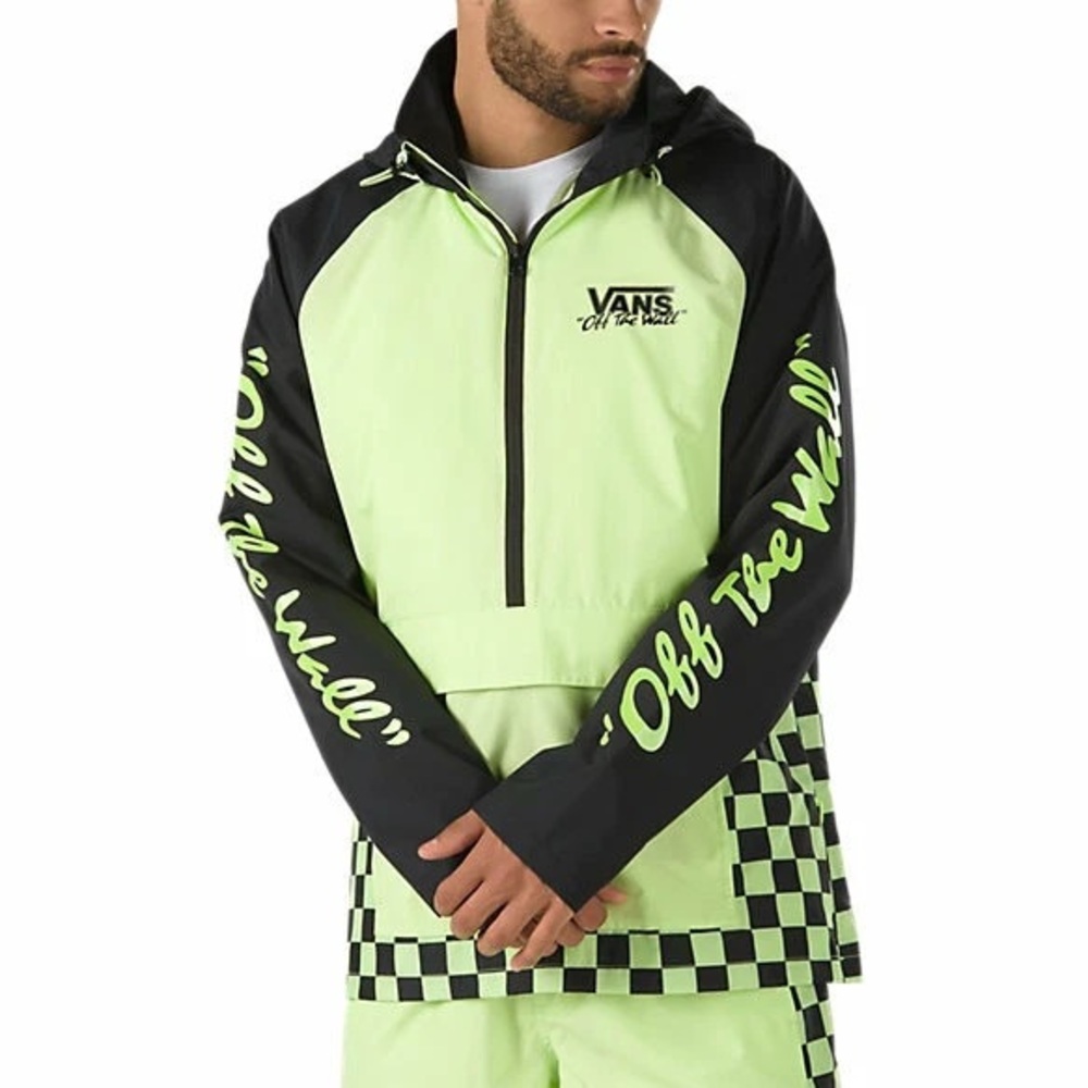 Vans Men's Neon Green and Black Windbreaker “OFF THE WALL” XL